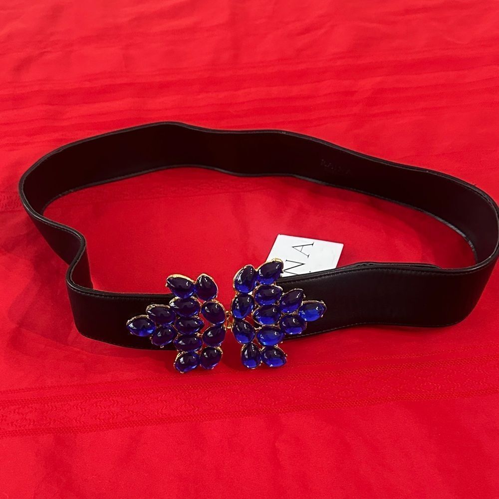NWT RAINA BLK WISTERIA Elegant Black Belt with Blue Gemstone Accent - Picture 6 of 12